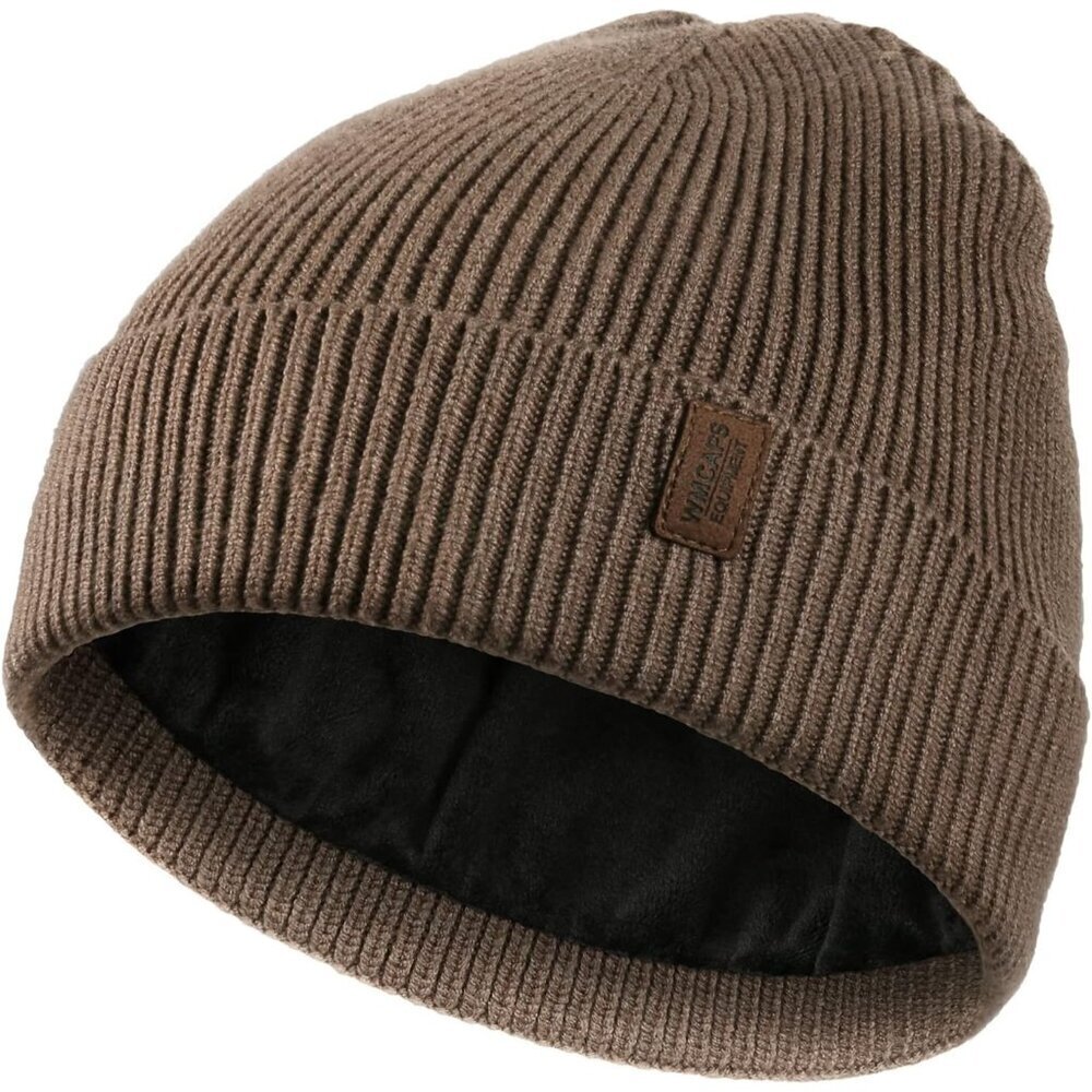 Men's Brown Fleece Lined Beanie Soft Winter Warm Ski Stocking Cap Knit Hat